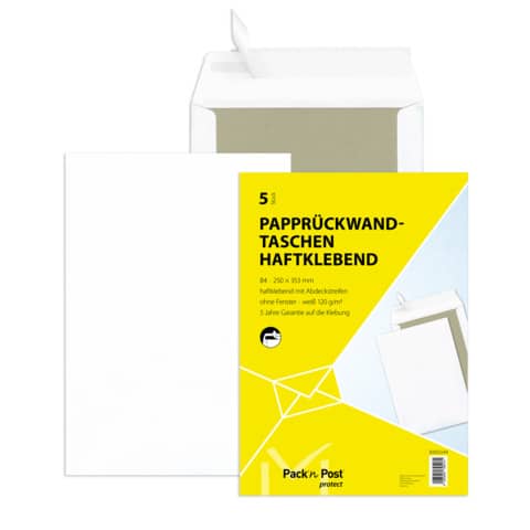 MAILMEDIA Papprückwandtasche, B4, 120g/m², Haftklebend, 5 Stück, weiß
