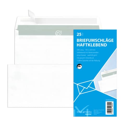 MAILMEDIA Briefumschlag ohne Fenster, DIN lang, 80g/m², haftklebend, 25 Stück, weiß