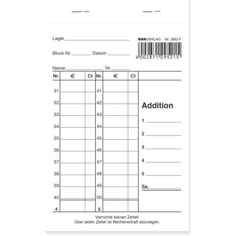 RNK Kassenblock - mit Nummerierung, 96x167mm, 2 x 50 Blatt