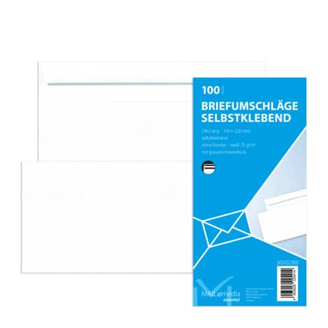 MAILMEDIA Briefumschlag ohne Fenster, DIN lang, 75g/m², selbstklebend, 100 Stück, weiß