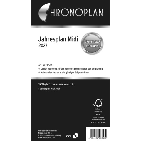 Chronoplan 50507 Jahresplan Midi 2027 – Kalendereinlage mit Leporello-Falzung, FSC-zertifiziert