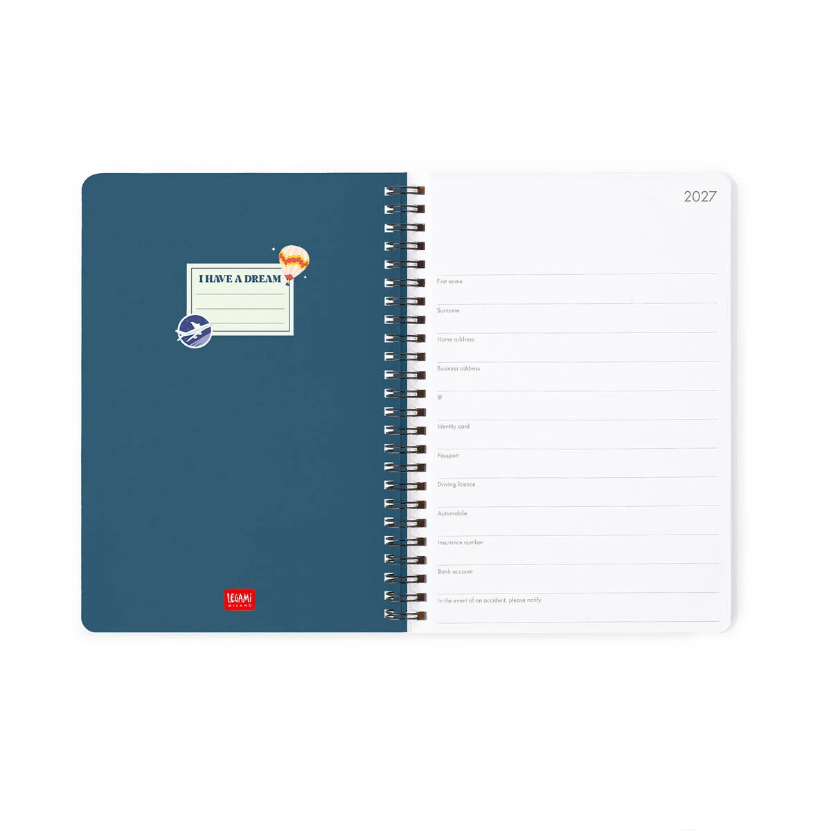 Legami 12-Month Spiral-Bound Weekly Diary Large „Travel Stickers“ – 2027