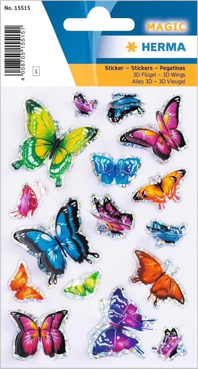 HERMA Magic Sticker Schmetterlinge Glitzer, 3D mit Flügel, 16 Aufkleber - 15515