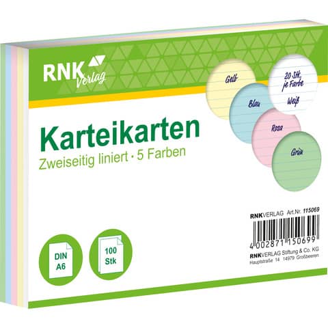 RNK Karteikarte, A6, 170g/m², liniert, 100 Stück, sortiert