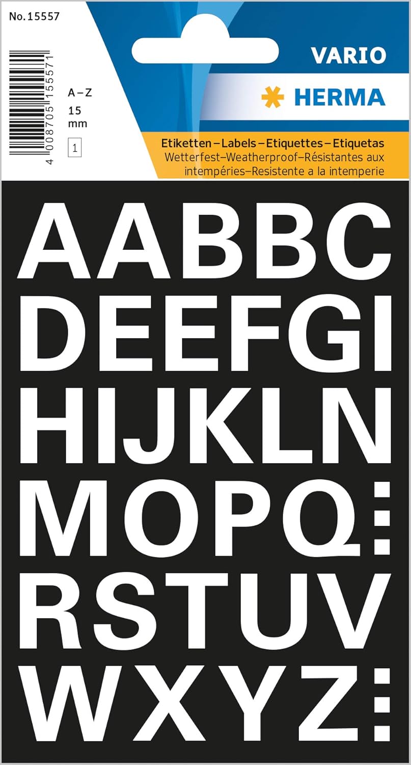HERMA Vario Buchstabenetiketten A-Z, 15mm, 36 Aufkleber, wetterfest, weiß - 15557
