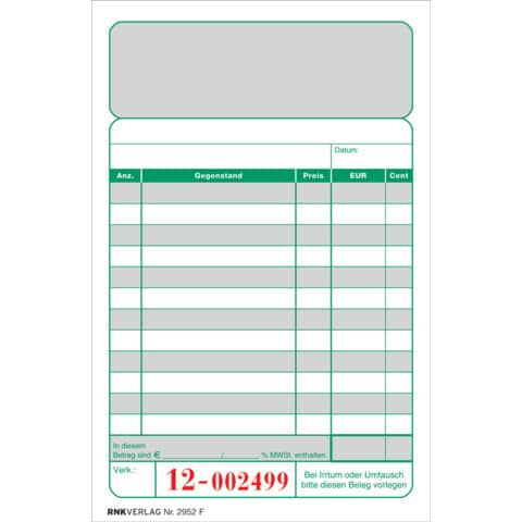 RNK Kassenblock - mit Nummerierung, 96x167mm, 2 x 50 Blatt