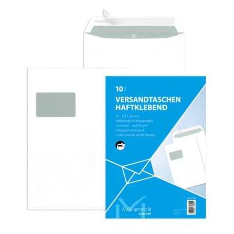 MAILMEDIA Versandtasche mit Fenster und Innendruck, C4, 90g/m², Haftklebend, 10 Stück, weiß