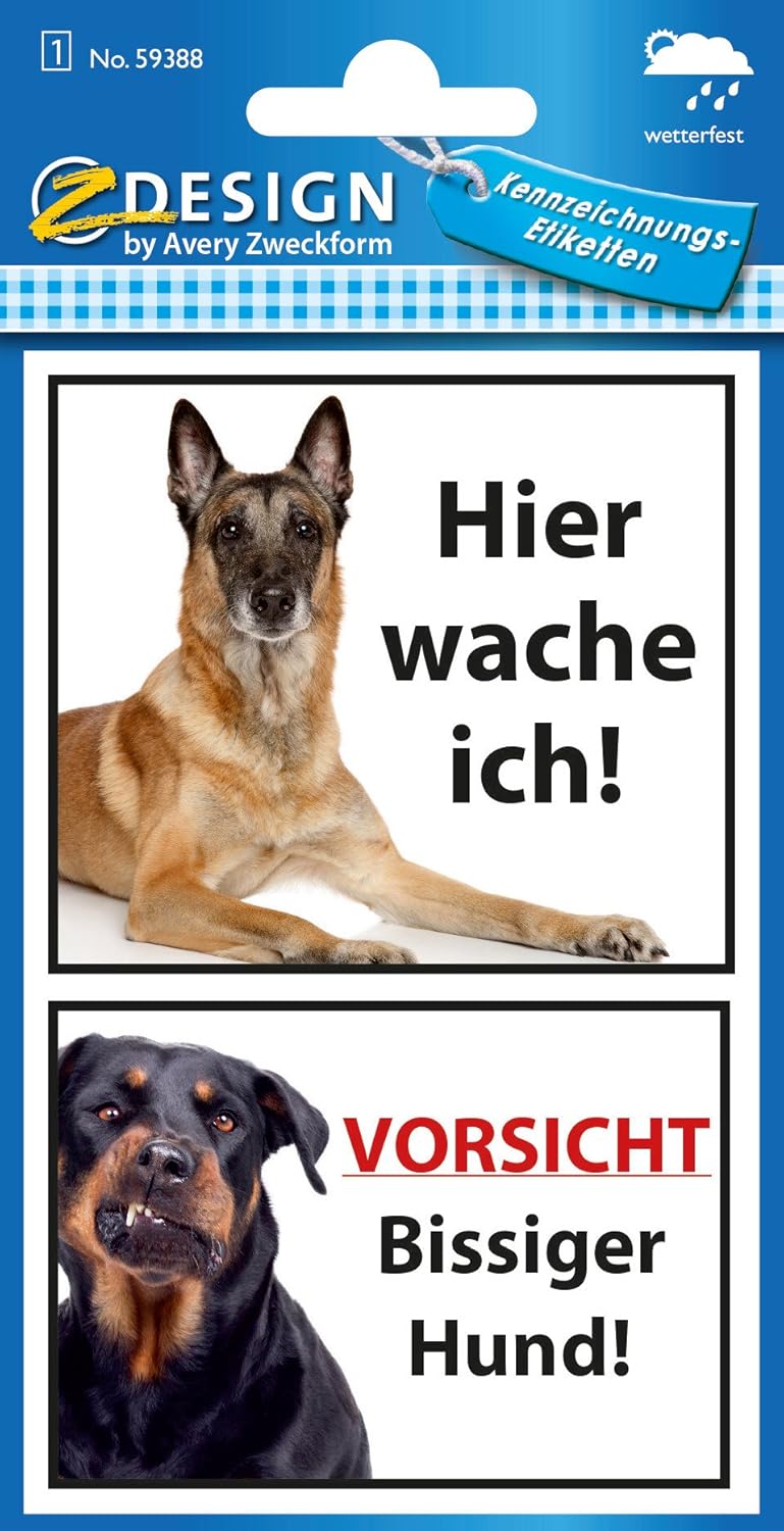 Avery Zweckform 59388 Z-Design Warnetiketten, Bissiger Hund, 2 Aufkleber, wetterfest