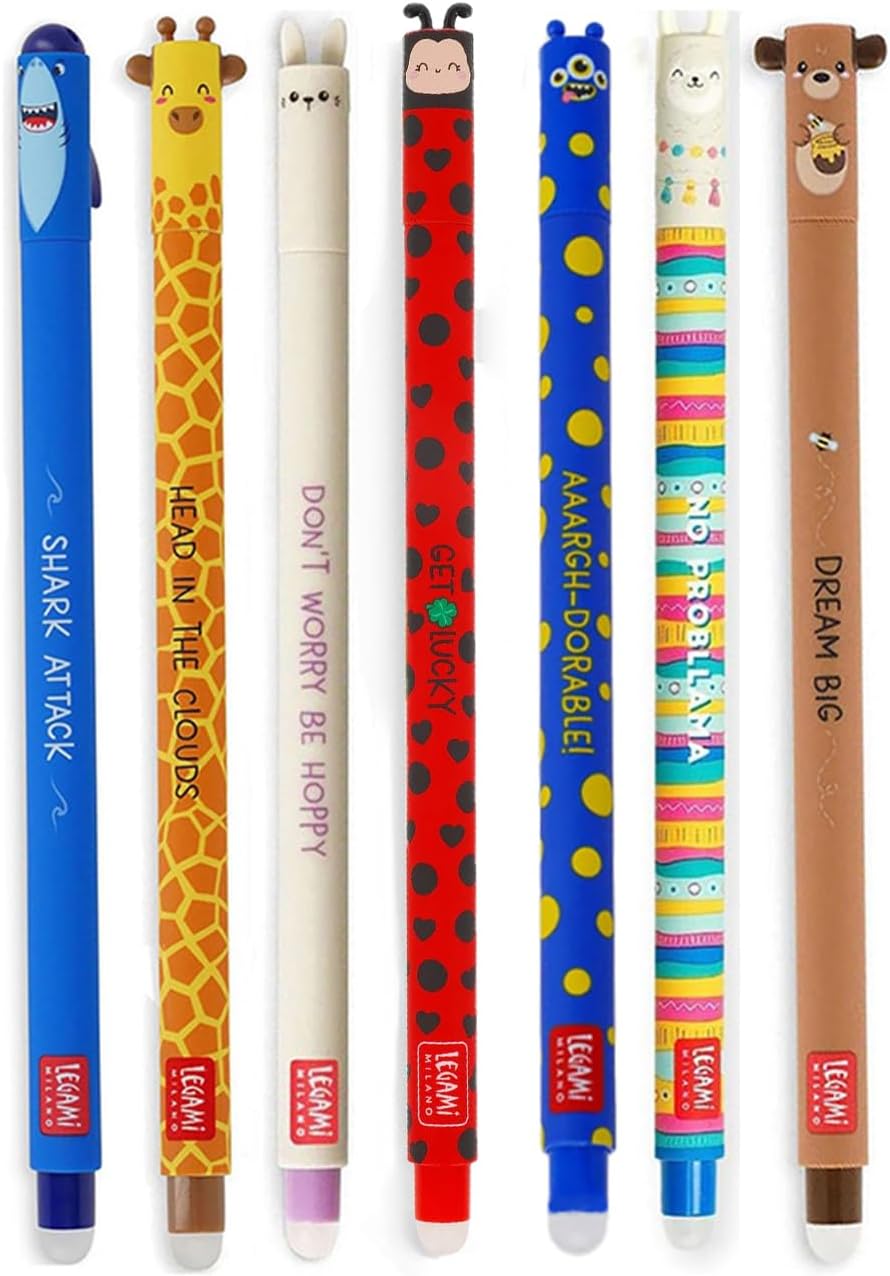 Legami 7er-Set löschbare Gelstifte - Hai, Giraffe, Hase, Marienkäfer, Monster, Lama, Teddy
