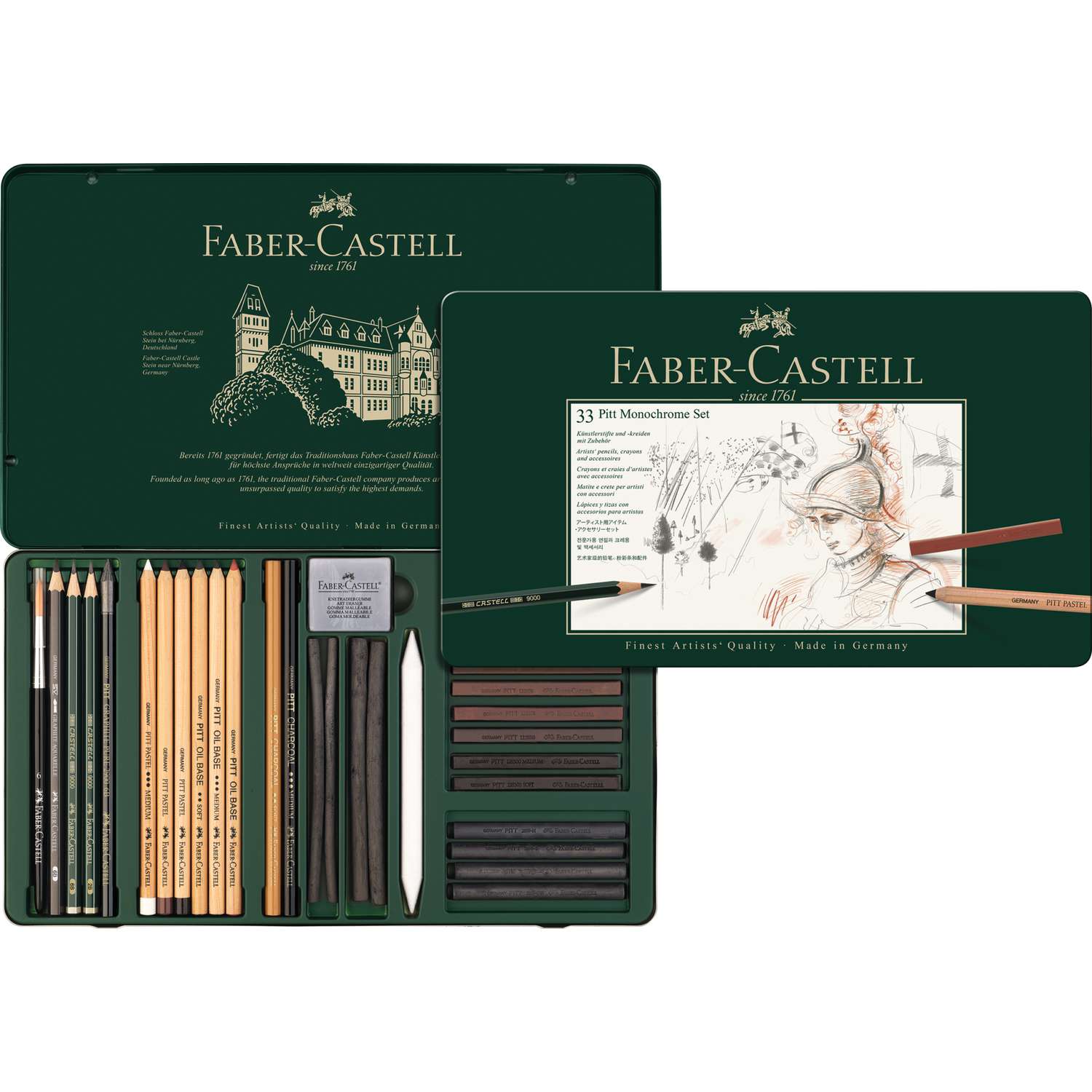 Faber-Castell Pitt Monochrome-Set, groß, 33-teilig im Metall-Etui