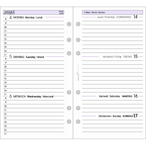 Bind System Kalender-Einlage A6 2027 – 1 Woche auf 2 Seiten, 6-Ring-Lochung, dreisprachig