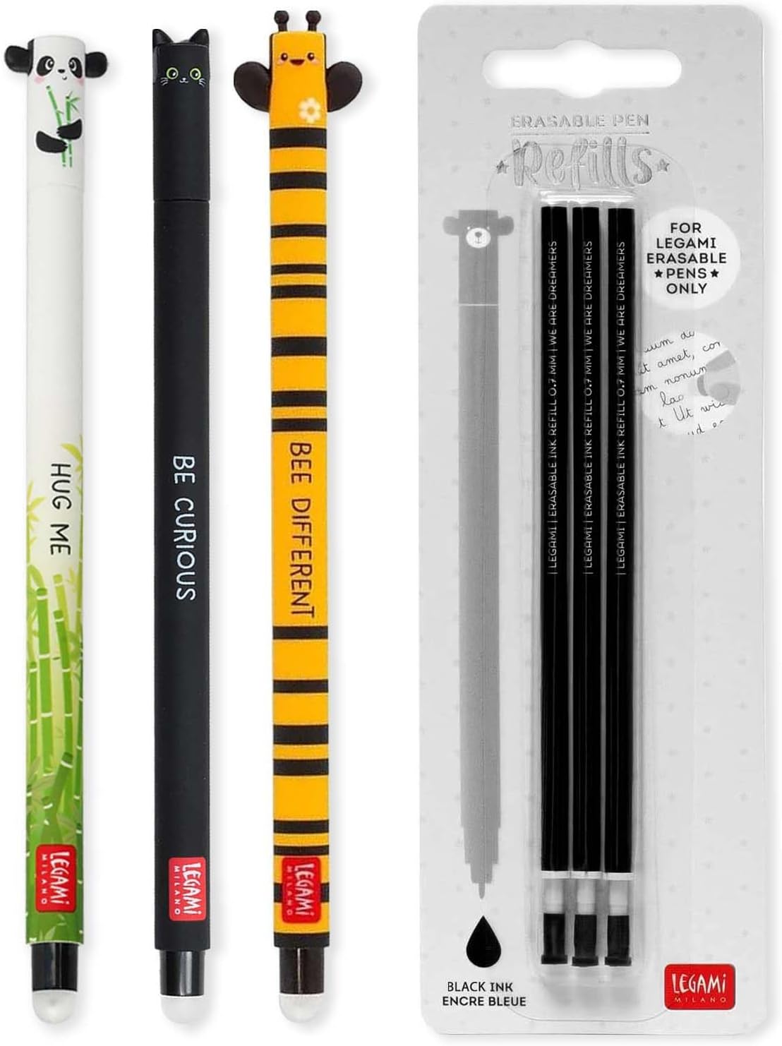 Legami Set mit 3 radierbaren Gelstiften + 3 schwarzen Ersatzminen