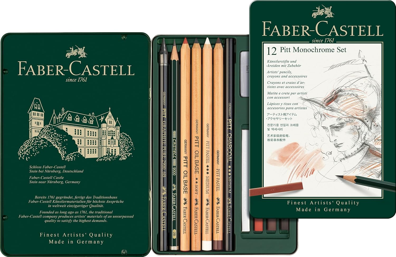 Faber-Castell Pitt Monochrome 12-teiliges Zeichenset im Metall-Etui
