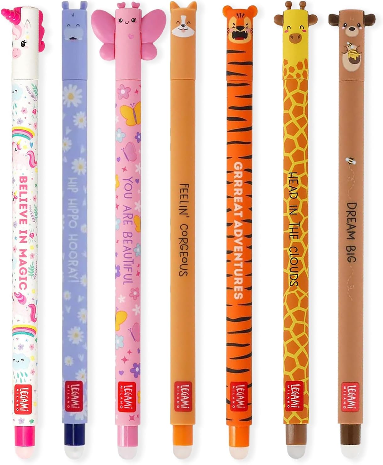 Legami 7er-Set löschbare Gelstifte mit Hippo, Schmetterling & Tiger Legami 7er-Set löschbare Gelstifte mit Hippo, Schmetterling & Tiger