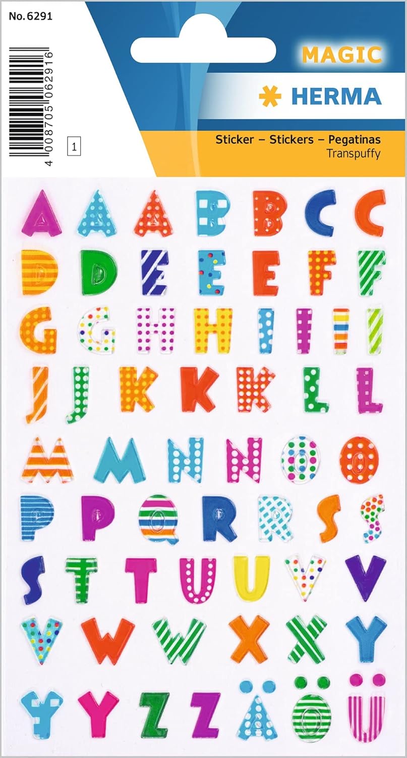 HERMA Magic Sticker - Bunte Buchstaben Etiketten, 3D, A-Z, 62 Aufkleber - 6291