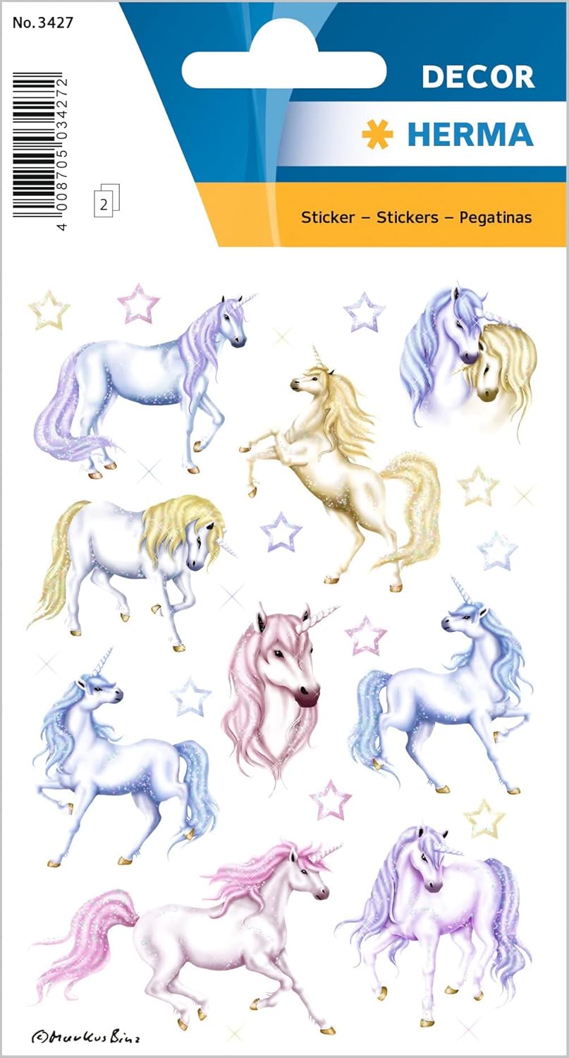 HERMA Decor Etiketten Sticker Einhorn Glitzer, 18 Aufkleber - 3427