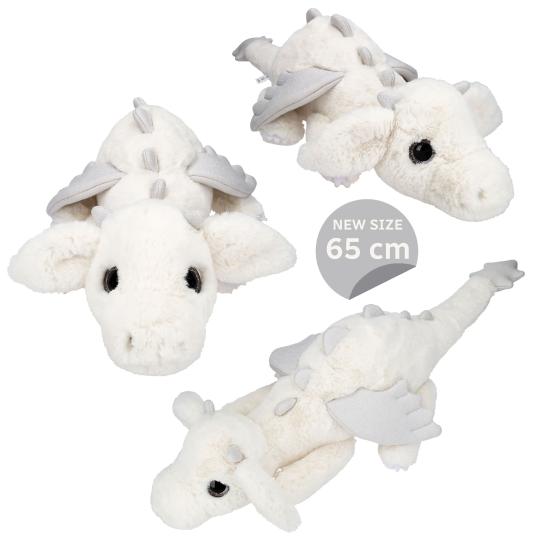 SNUKIS Plüschdrache weiß – 65 cm, kuschelweich mit silbernen Glitzer-Details