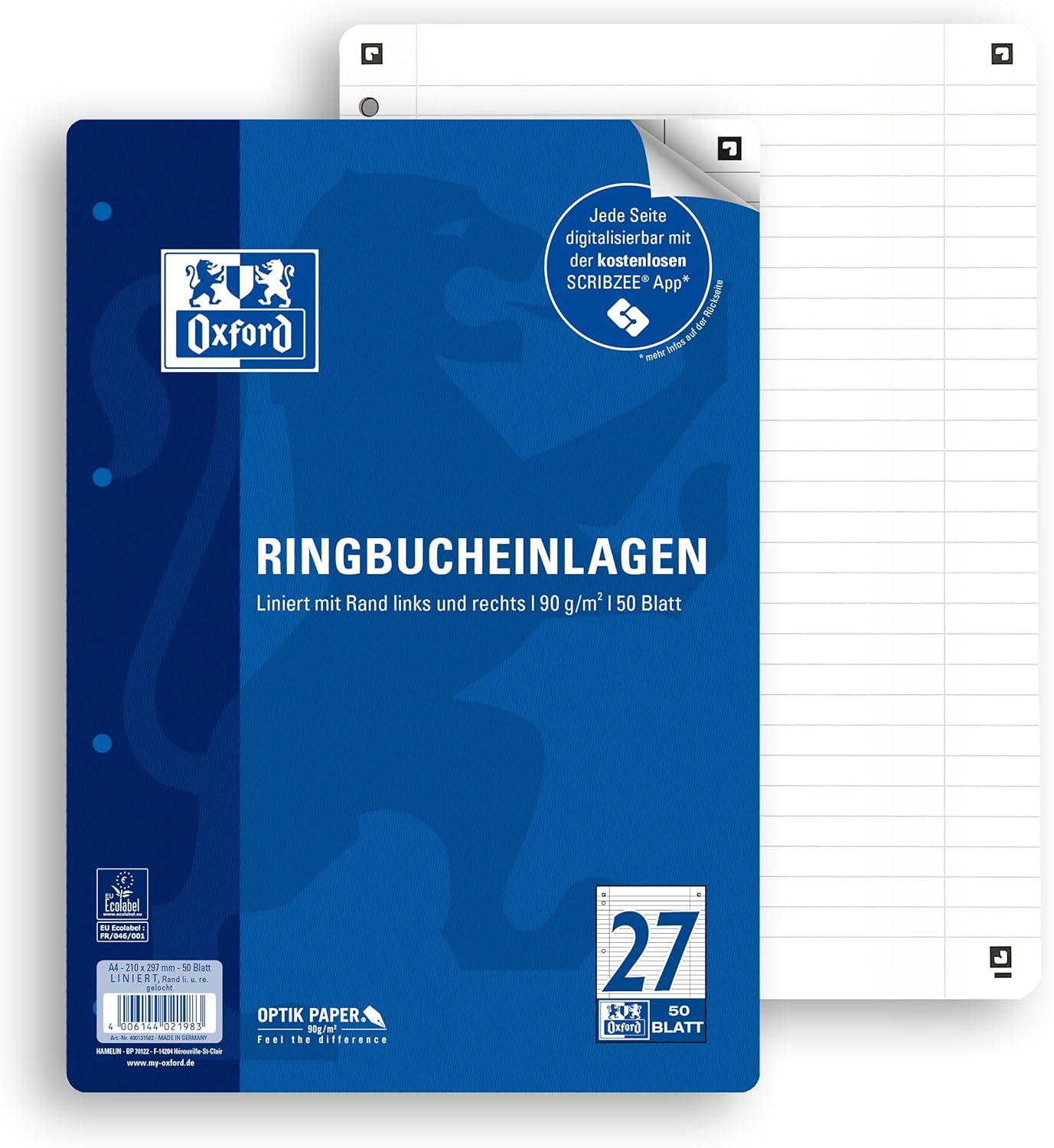 Oxford Ringbucheinlagen Optik Paper - A4 - 50 Blatt - Lin. 27 - liniert mit Doppelrand