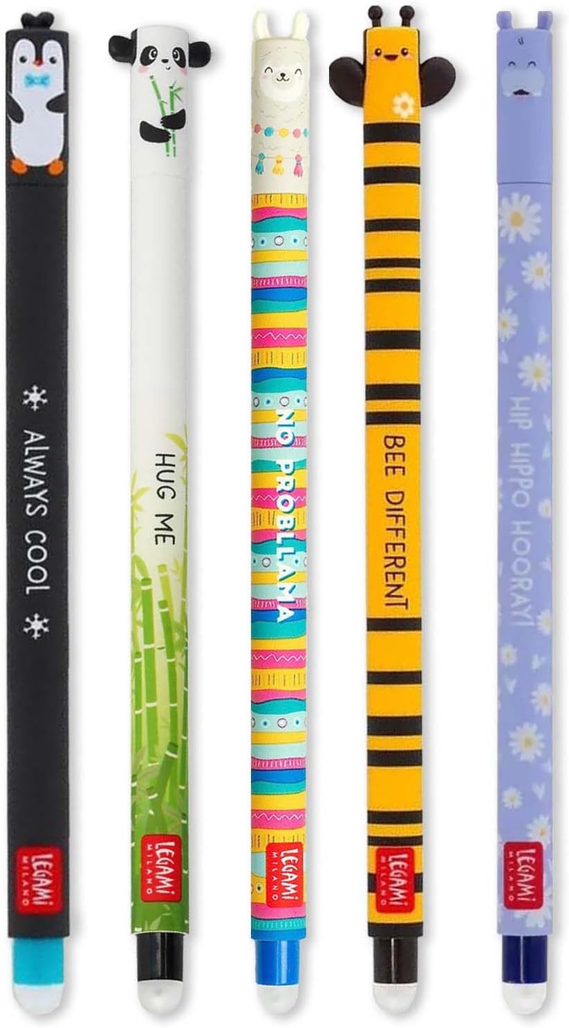 Legami 5er-Set löschbare Gelstifte - Pinguin, Panda, Lama, Biene, Nilpferd Legami 5er-Set löschbare Gelstifte - Pinguin, Panda, Lama, Biene, Nilpferd