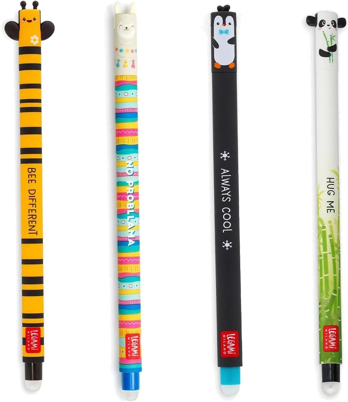 Legami 4er-Set löschbare Gelstifte - Biene, Lama, Pinguin, Panda