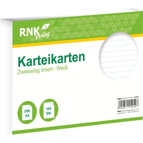 RNK Karteikarte, A5, 170g/m², liniert, 100 Stück, weiß