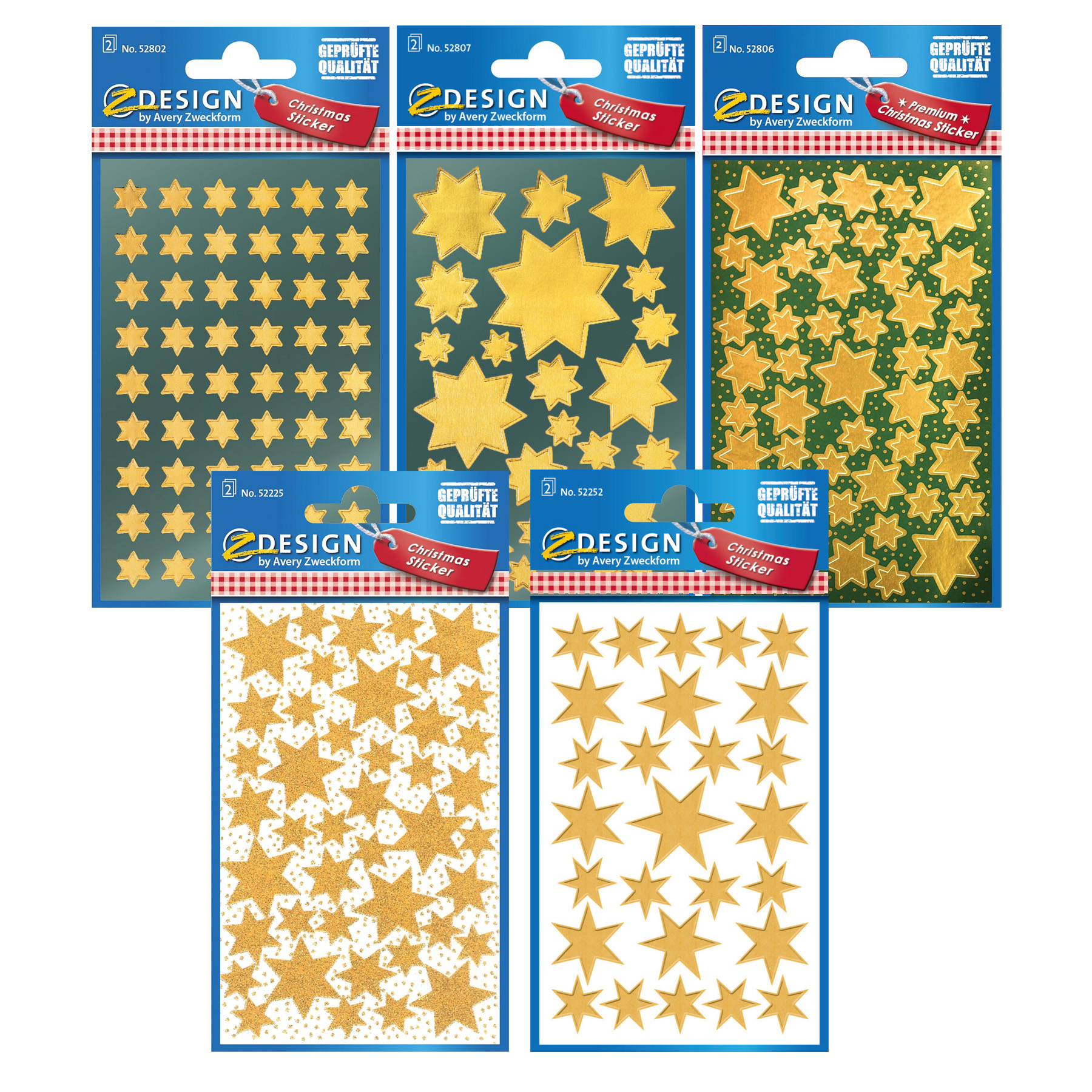 Avery Zweckform 5er-Set - 844 Aufkleber f. Weihnachten, Sterne, Weihnachtssticker, Sternaufkleber, gold