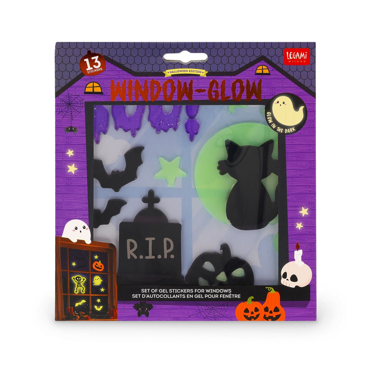 Legami Set mit 13 Gel-Fensteraufklebern - Windo-Glow - Katze, Mond & Fledermäuse - Halloween
