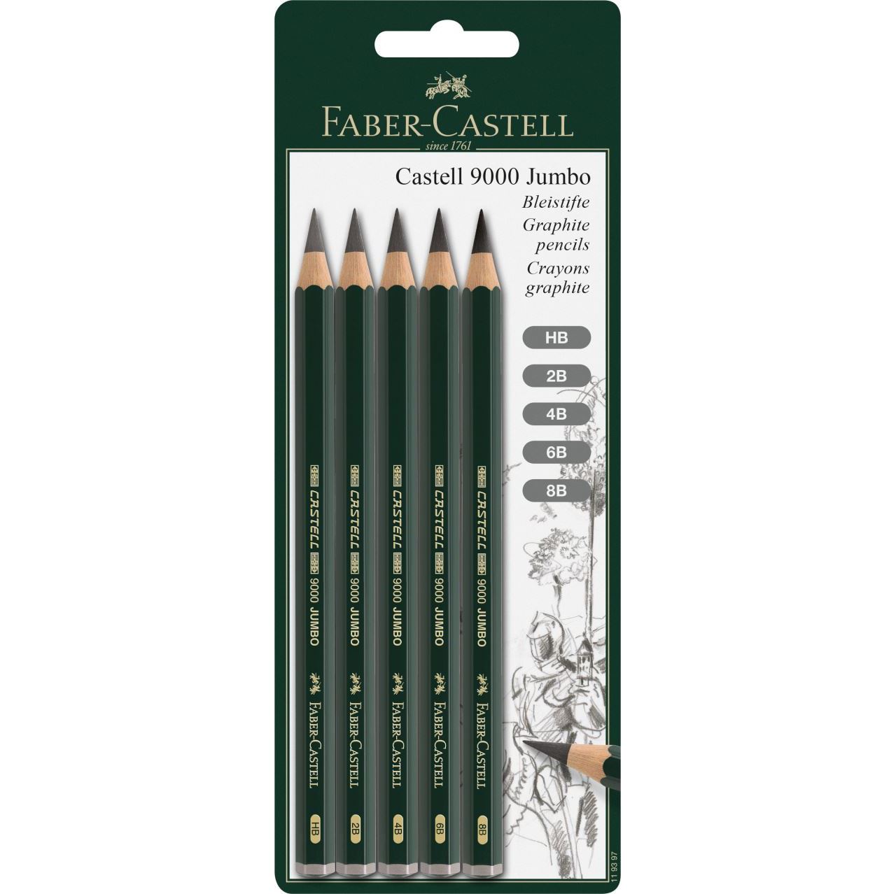 Faber-Castell Bleistift - Castell 9000 Jumbo - 5er-Set - 5er Blisterkarte