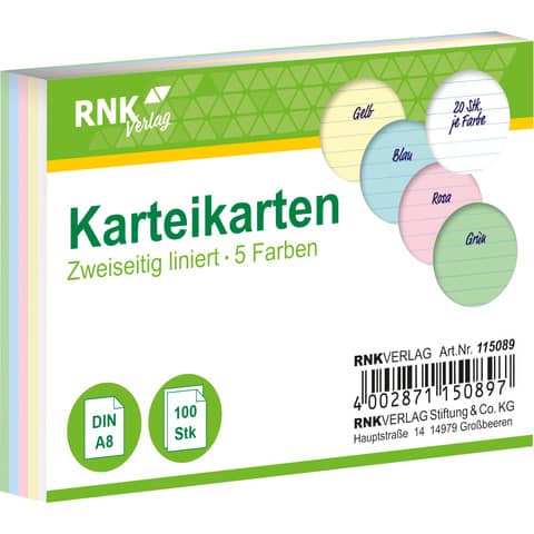 RNK Karteikarte, A8, 170g/m², liniert, 100 Stück, sortiert