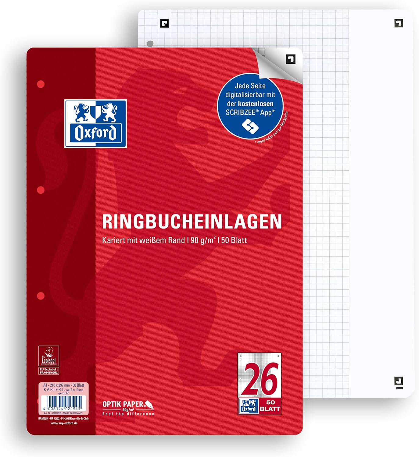 Oxford Ringbucheinlagen Optik Paper - A4 - 50 Blatt - Lin. 25 - liniert mit Rand