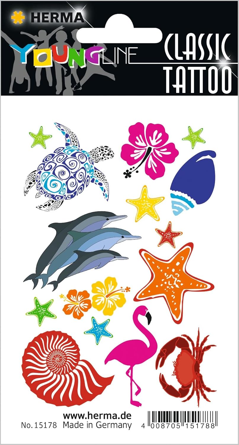 HERMA 15178 Tattoos - Temporäre Meerestiere, Delfin, Schildkröte und Flamingo Tattoos - 13 Stück