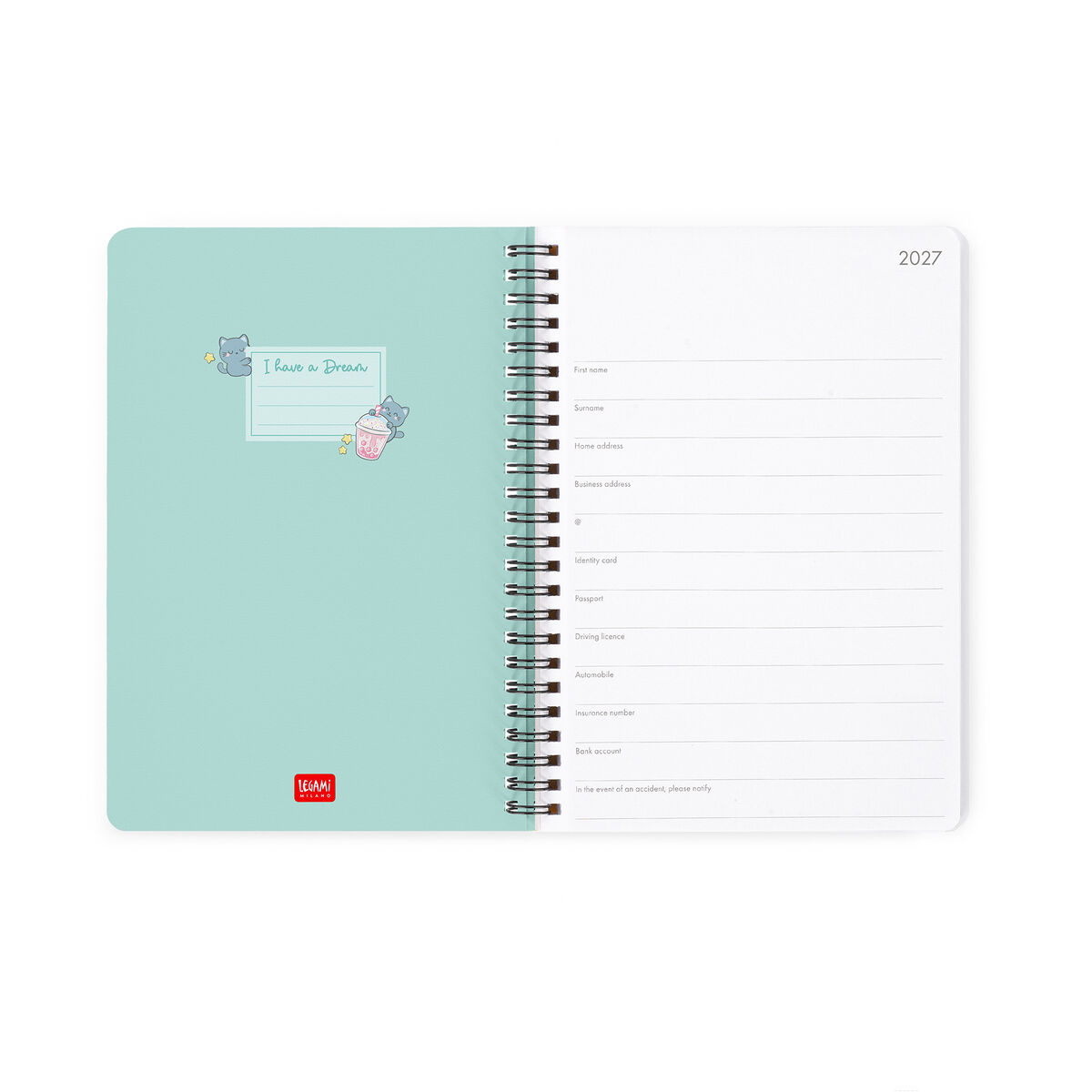 Legami 12-Month Spiral-Bound Weekly Diary Large „Kitty Bubble Tea“ – 2027