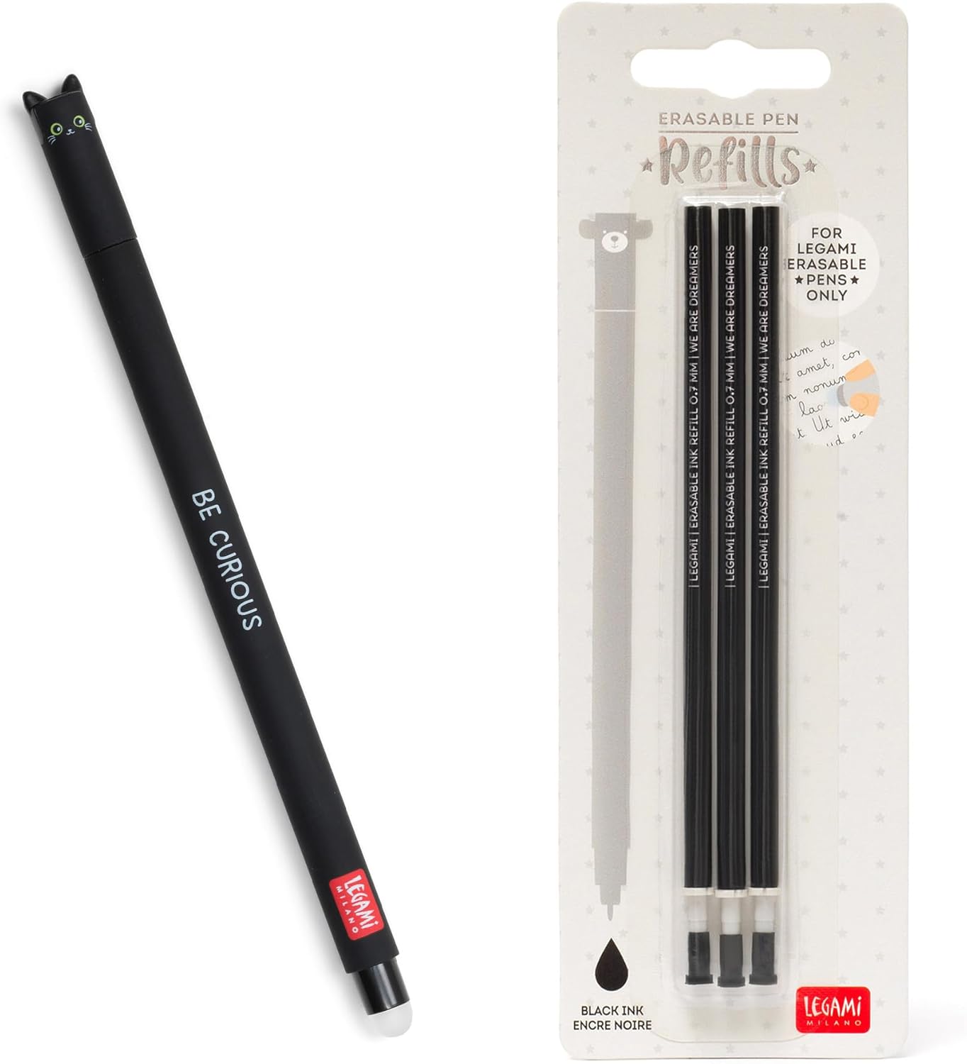 Legami Set mit 1x radierbarer Gelstift - Katze & 3 Ersatzminen (schwarze thermosensitive Tinte)