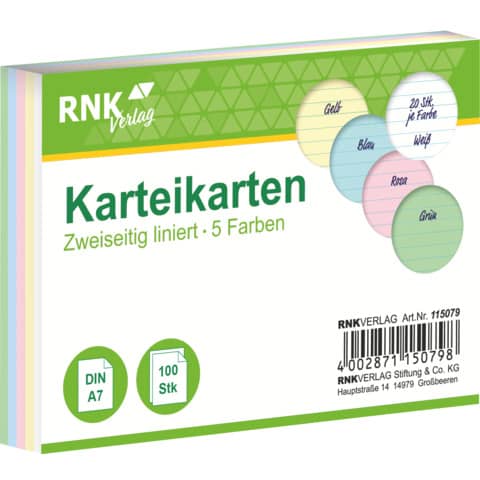 RNK Karteikarte, A7, 170g/m², liniert, 100 Stück, sortiert