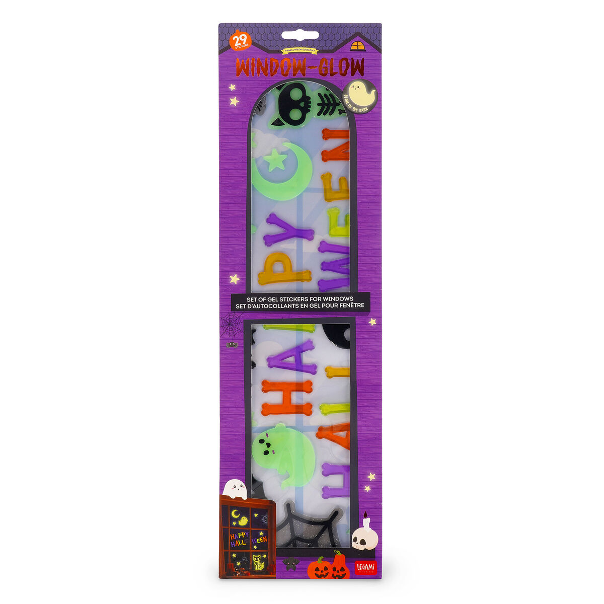 Legami Set mit 29 Gel-Fensteraufklebern - Windo-Glow - Happy Halloween & Spinnennetz