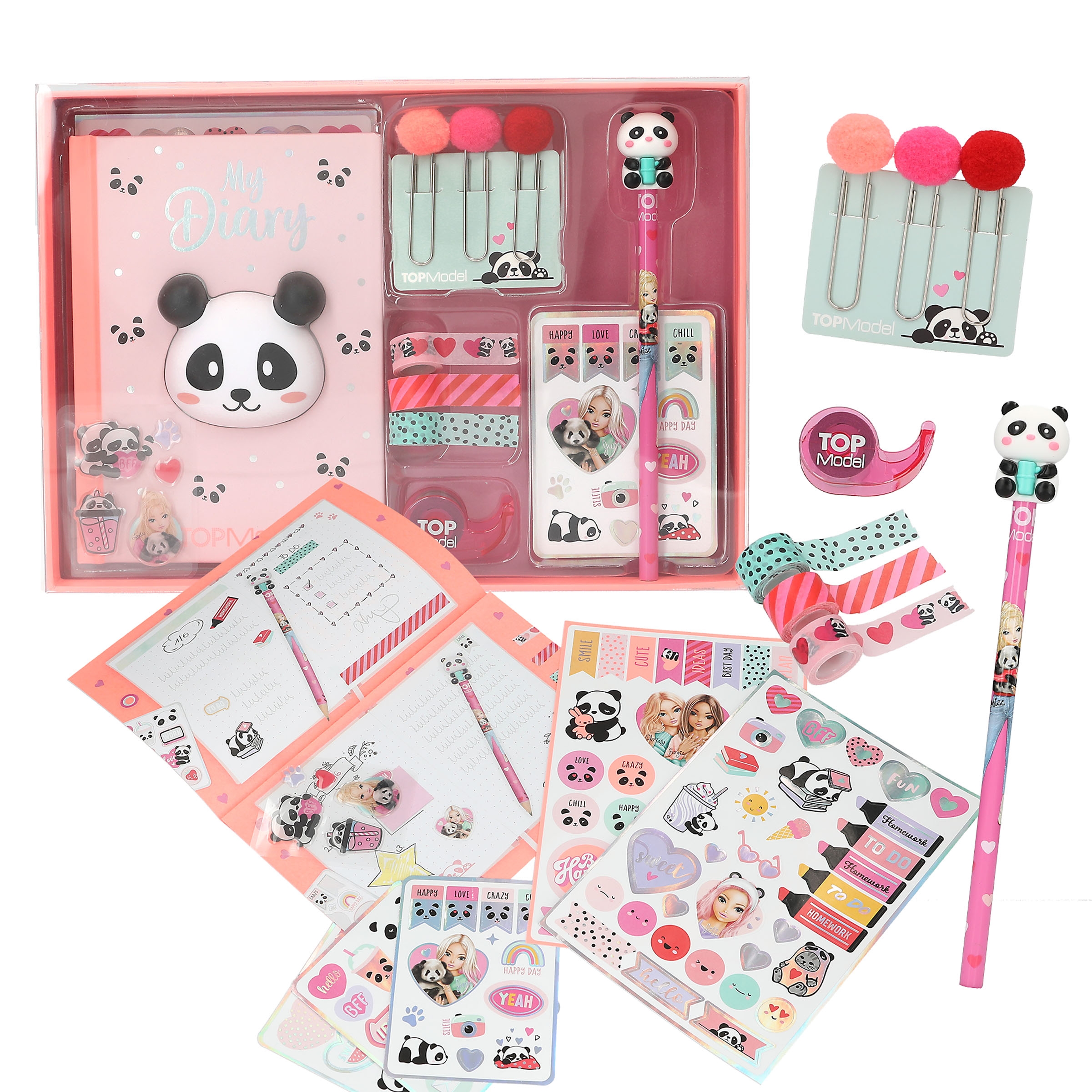 TOPModel Create Your Diary - Kreatives Tagebuch im Panda-Look, mit Deko-Tape, Büroklammern, Bleistift & Sticker