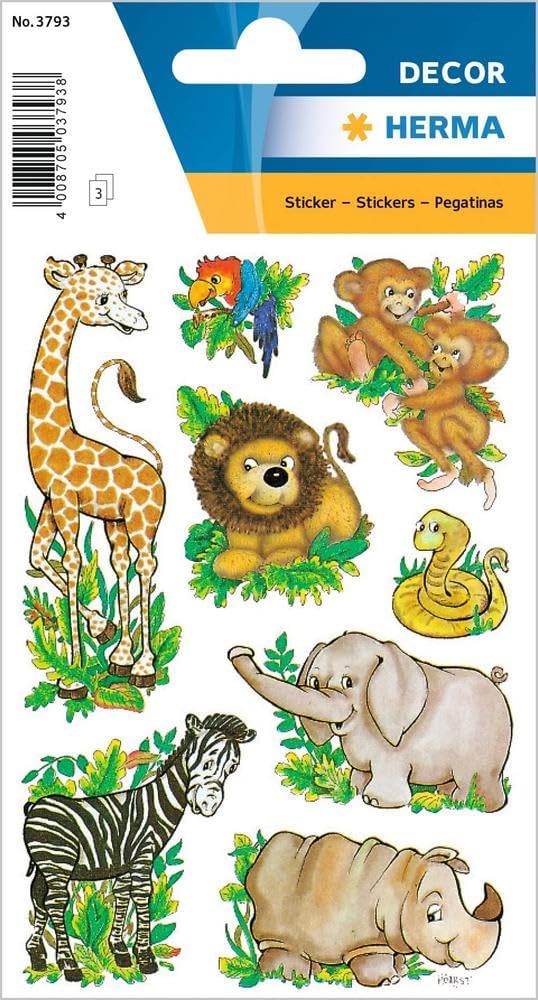 HERMA Decor Etiketten Dschungeltiere mit Zebra, Giraffe, Löwe, Affe, Elefant - 24 Aufkleber - 3793
