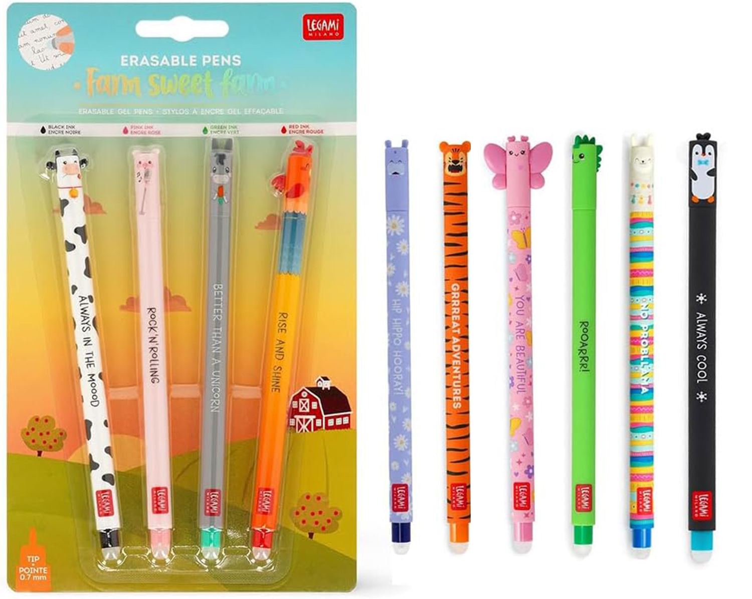 Legami Set mit 4 löschbaren Gelstiften - Farm sweet farm + 6 Freunde