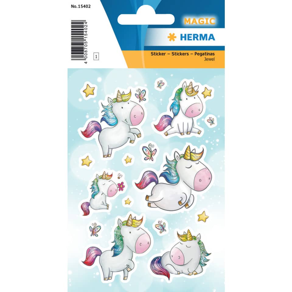 HERMA Magic Aufkleber Einhorn Glitzer, Kinder Etiketten, 16 Stück - 15402