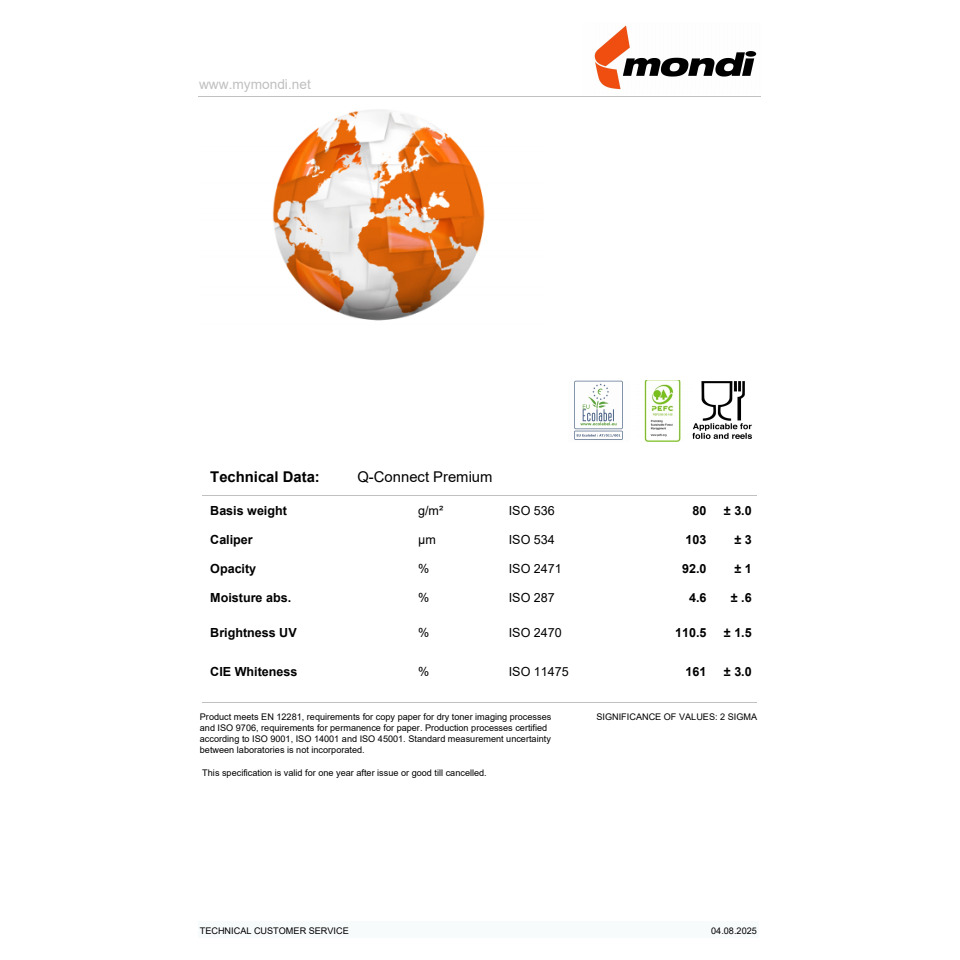 Q-CONNECT Multifunktionspapier PREMIUM, A4, 80g/m², 500 Blatt, weiß