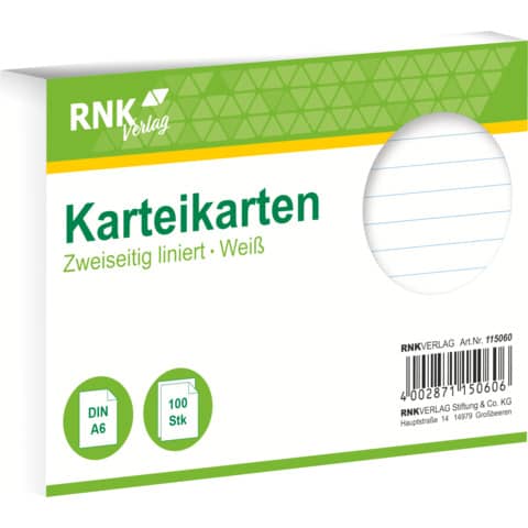 RNK Karteikarte, A6, 170g/m², liniert, 100 Stück, weiß