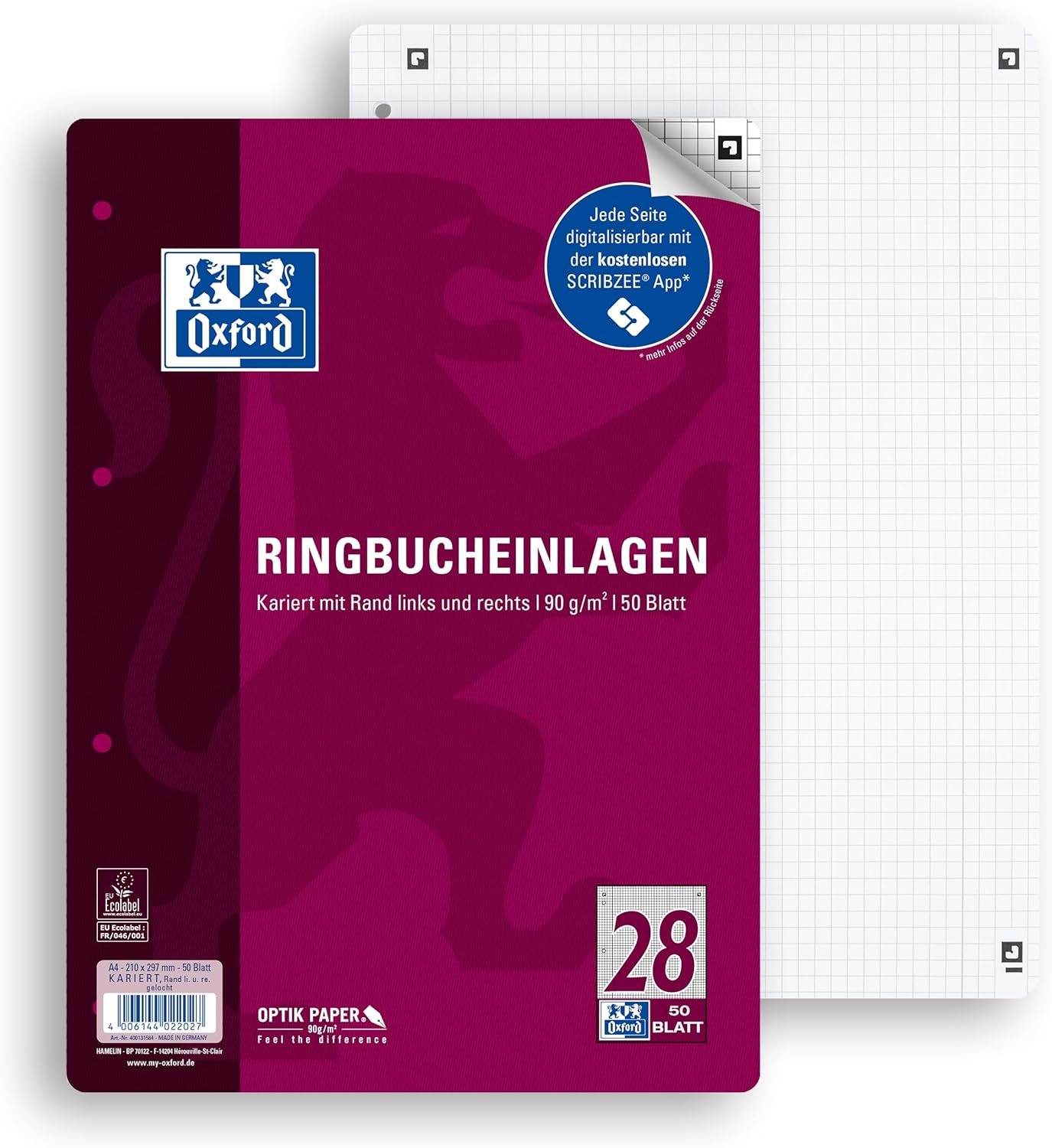 Oxford Ringbucheinlagen Optik Paper - A4 - 50 Blatt - Lin. 28 - kariert mit Doppelrand