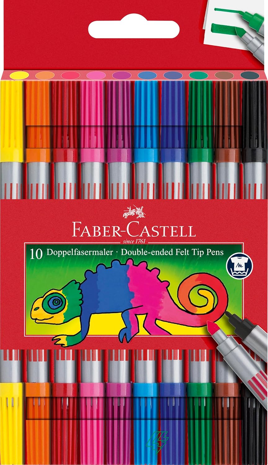 FABER-CASTELL Doppelfasermaler, Filzstifte, 2 Strichbreiten 1mm & 3,5mm, auswaschbar, 10 Stück