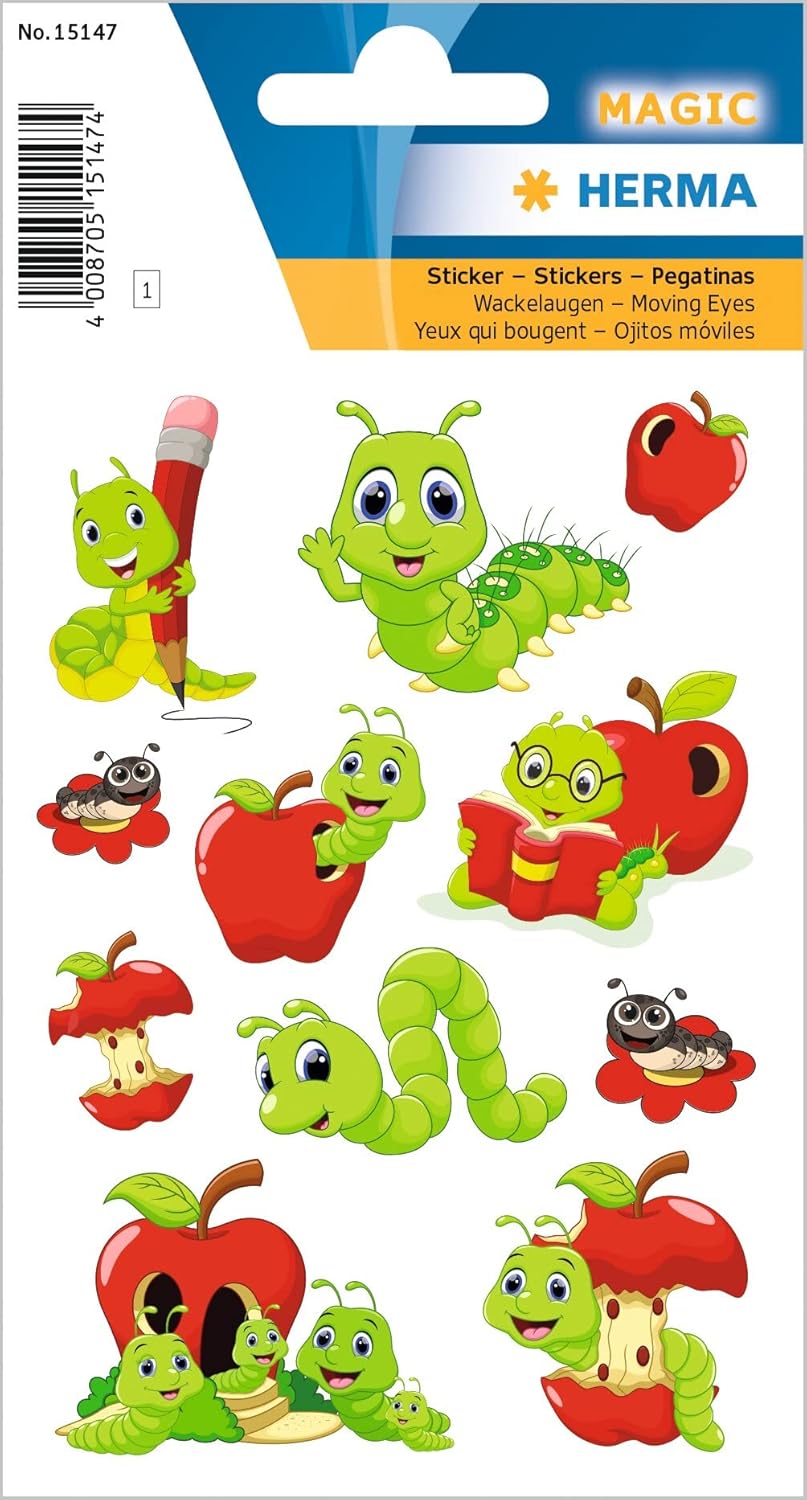 HERMA Magic Etiketten Sticker Wurm mit Wackelaugen, 11 Aufkleber - 15147