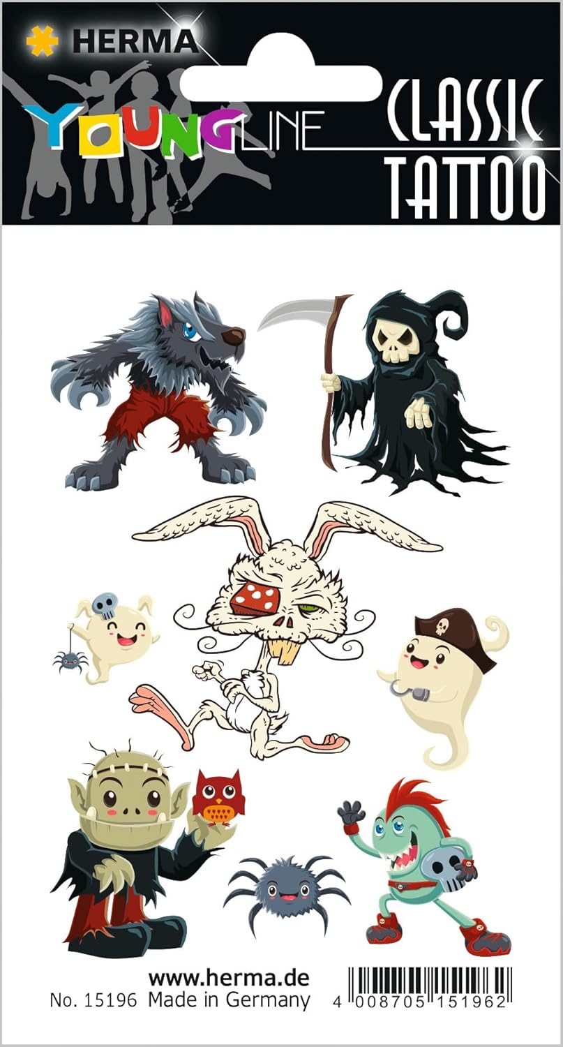 HERMA 15196 Tattoos - Temporäre Monster, Werwölfe und Zombies Tattoos, perfekt für Halloween - 8 Stück