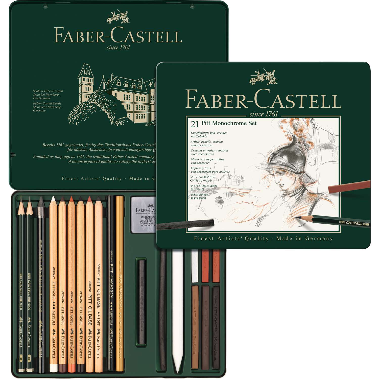 Faber-Castell Pitt Monochrome-Set, medium, 21-teilig im Metall-Etui