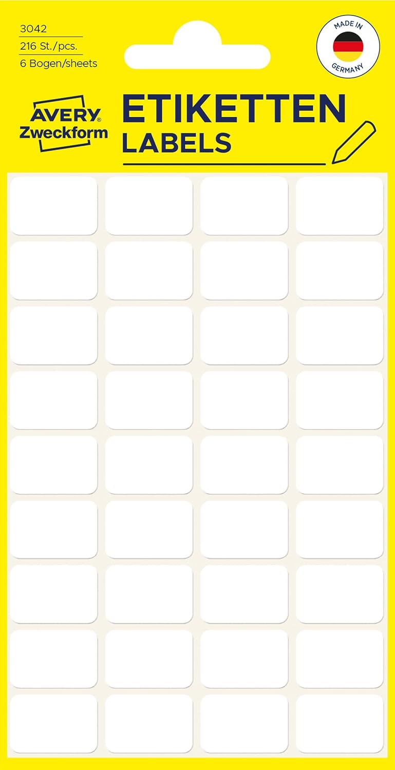 Avery Zweckform 3042 Vielzweck-Etiketten - Haushaltetiketten, für die Schule und Büro, blanko, weiß  - 216 Stück Avery Zweckform 3042 Vielzweck-Etiketten - Haushaltetiketten, für die Schule und Büro, blanko, weiß  - 216 Stück