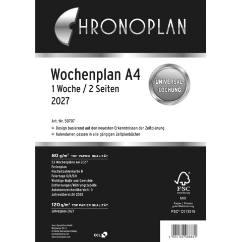 Chronoplan 50707 Ersatzkalendarium Wochenplan A4 1W/2S 2027 – Kalendereinlage in Spalten, FSC-zertifiziert