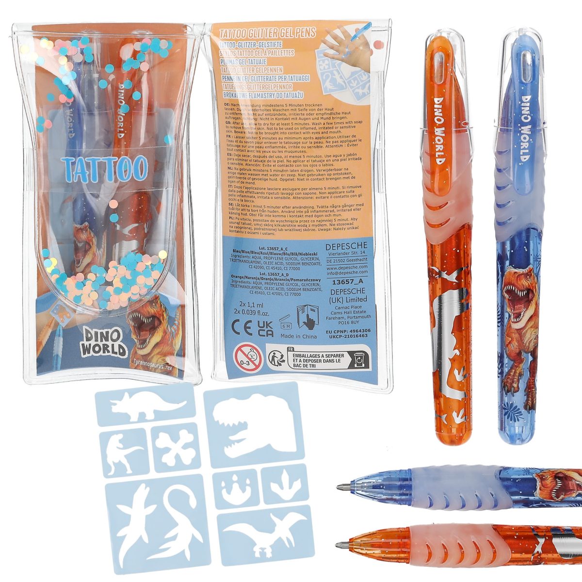 Dino World Tattoo Glitzer Gelstifte, blau/orange