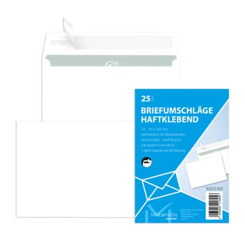 MAILMEDIA Briefumschlag ohne Fenster, C6, 80g/m², haftklebend, 25 Stück, weiß